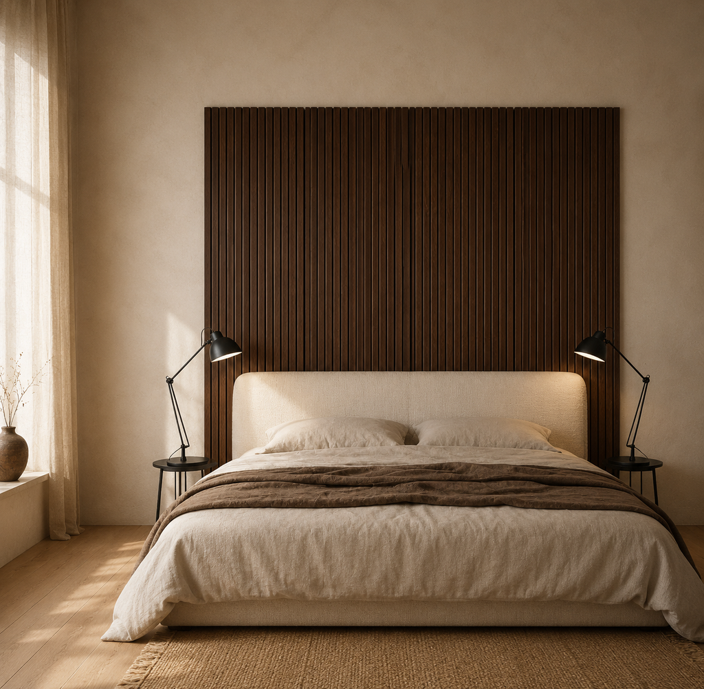Walnut acoustic slat wall panels behind a bed in a warm neutral bedroom