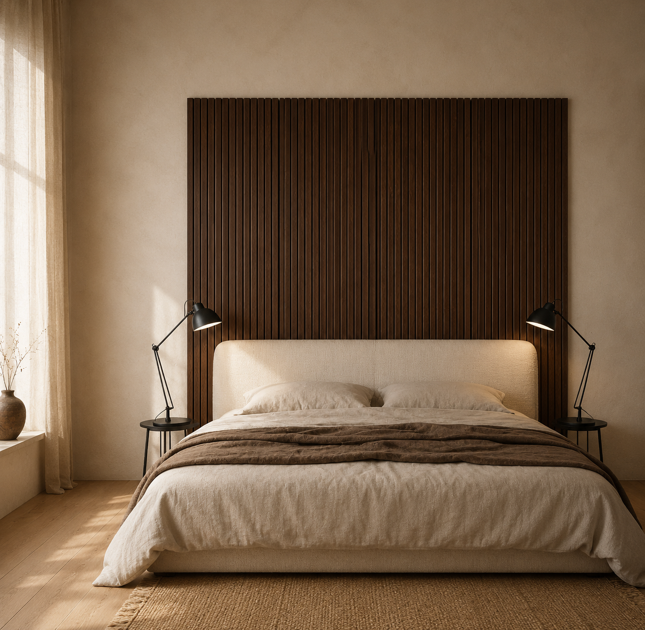 Walnut acoustic slat wall panels behind a bed in a warm neutral bedroom