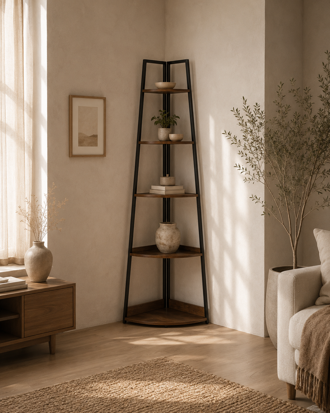 Five-tier corner bookshelf with a black metal A-frame and dark wood shelves, standing in a sunlit corner