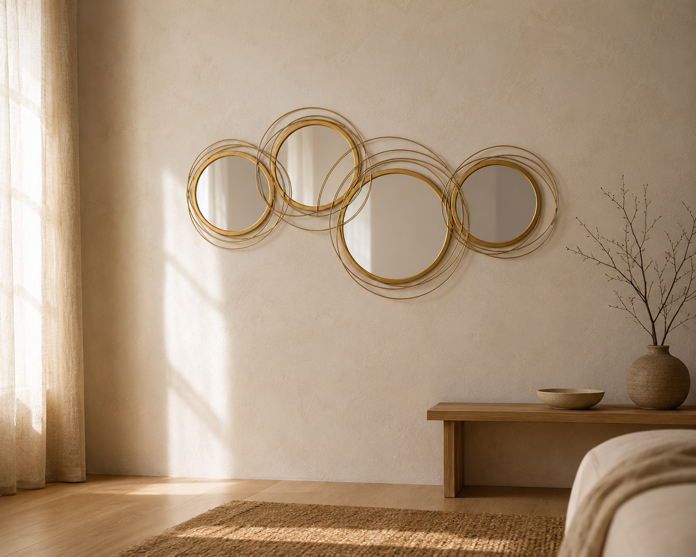 Four-circle gold metal wall mirror spanning a pale plaster wall