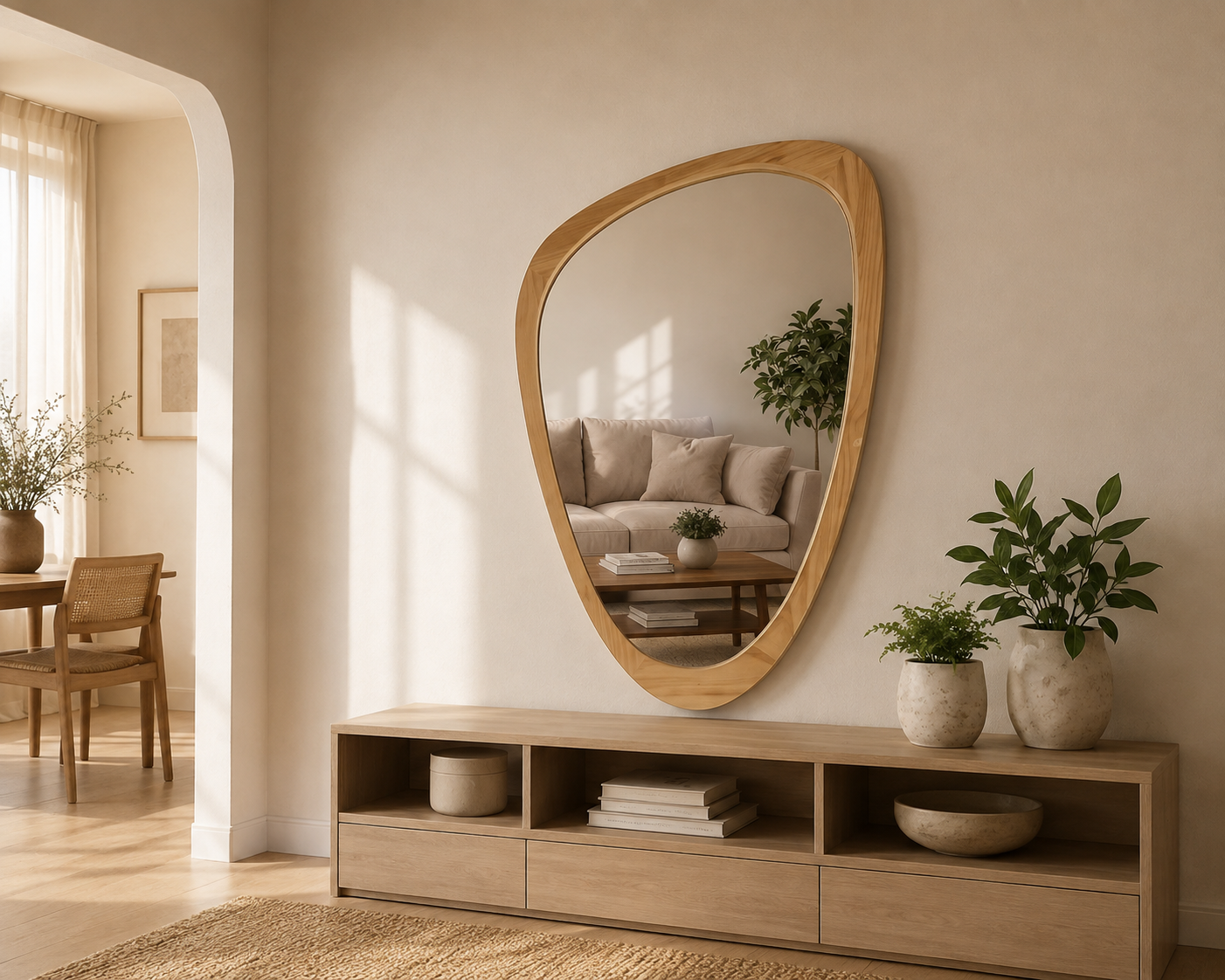 Irregular oak-framed wall mirror above a light oak credenza