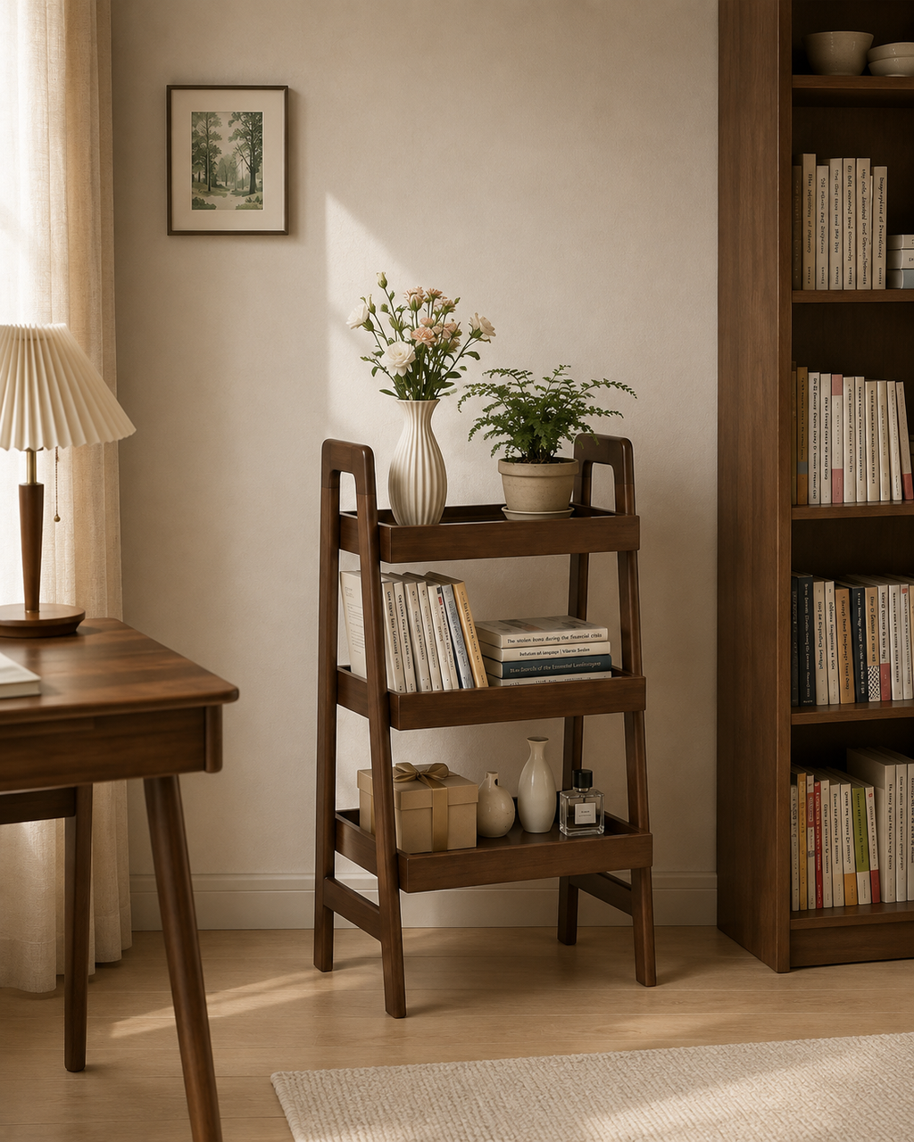 3-tier walnut ladder shelf in a sunlit room beside an oak desk