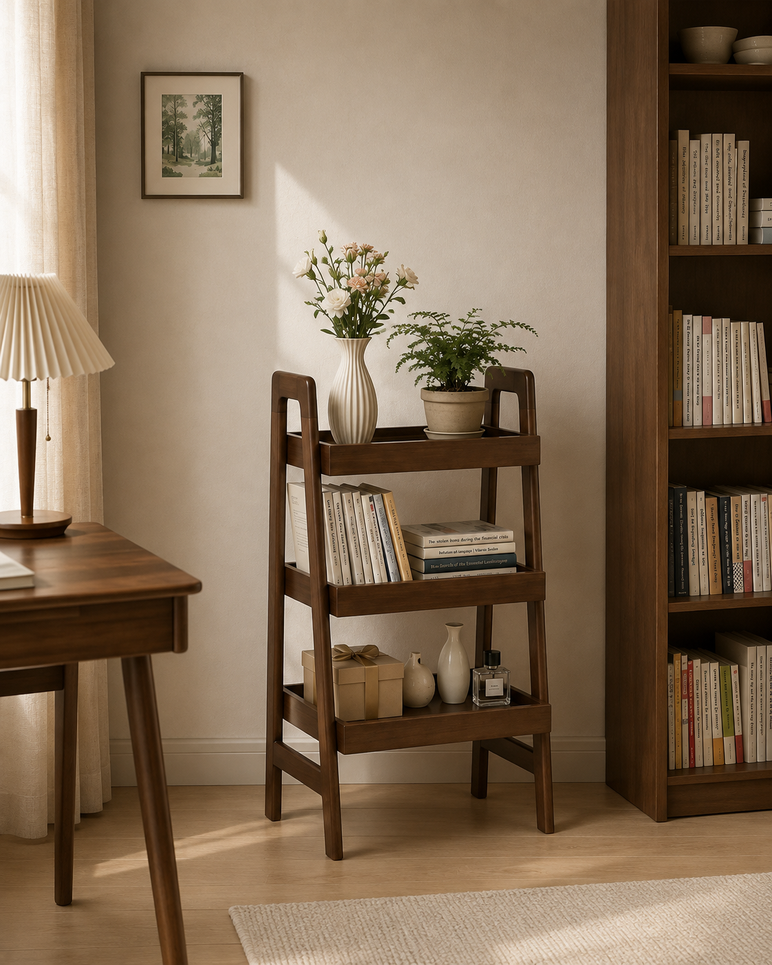 3-tier walnut ladder shelf in a sunlit room beside an oak desk