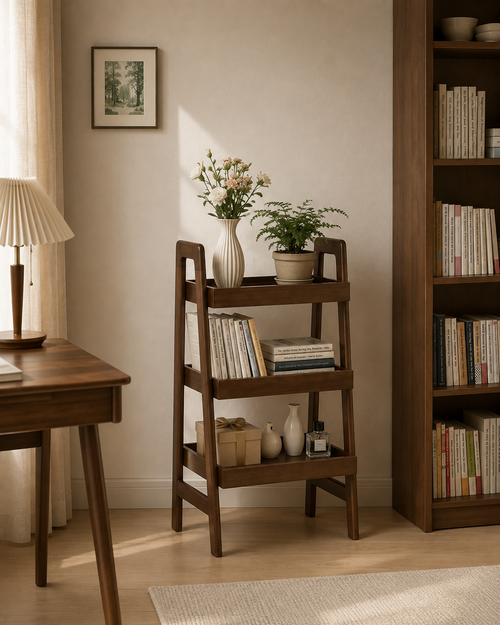 3-tier walnut ladder shelf in a sunlit room beside an oak desk